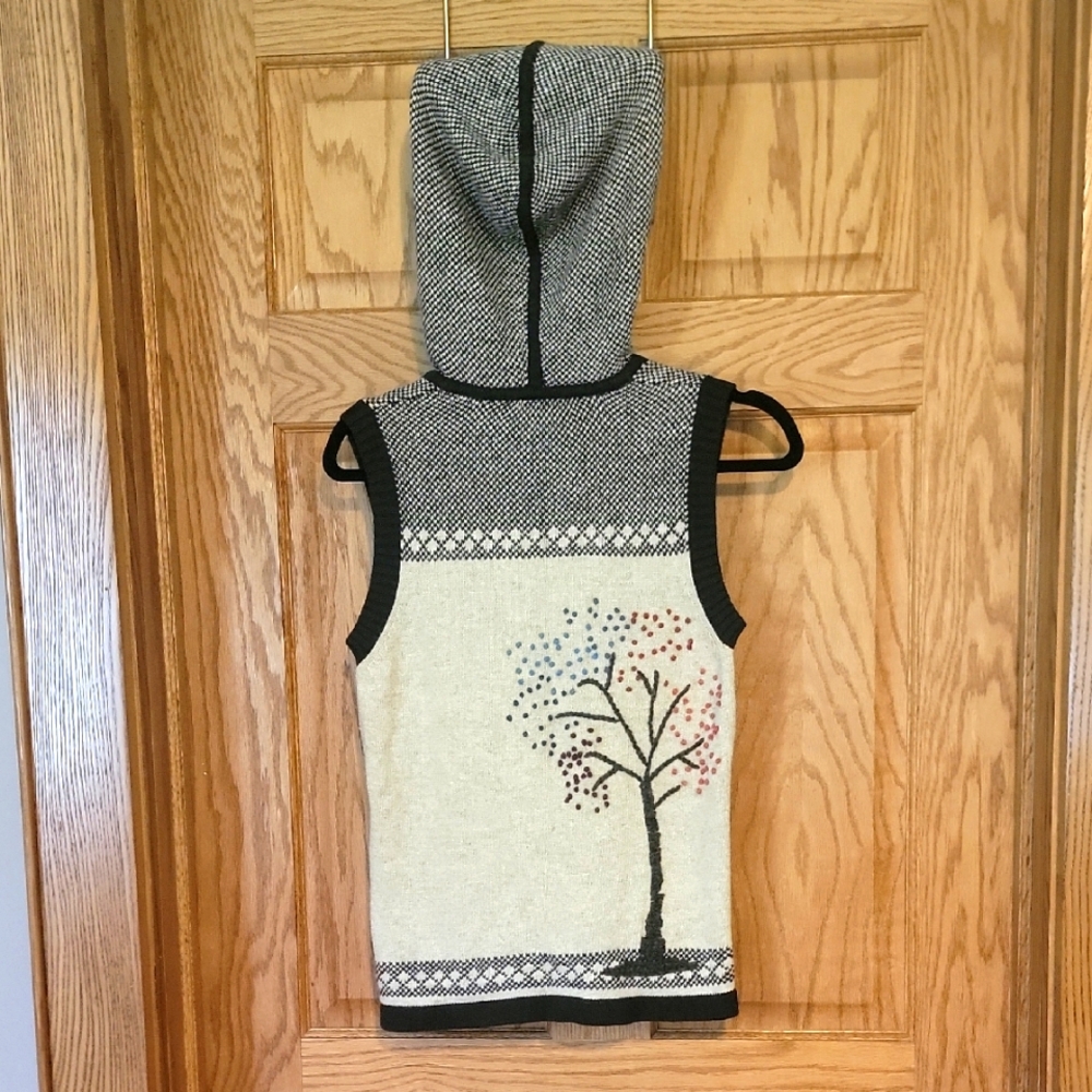 Vintage Eddy Bauer Button Up Hooded Sweater Vest With Felted Tree On Back
